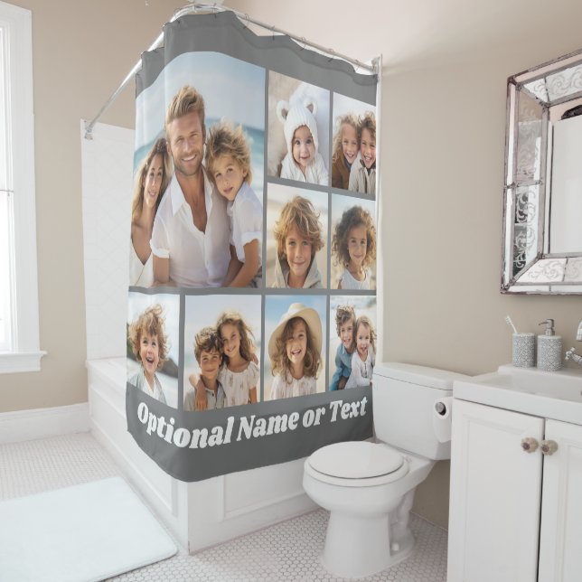 Grey and White 9 Photo Collage with Monogram Shower Curtain (In Situ)