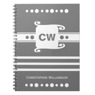 Grey and white add initials name striped notebook