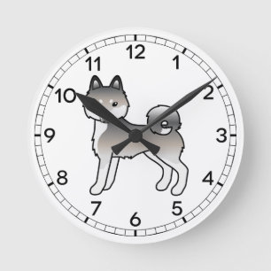 Grey And White Alaskan Klee Kai Cartoon Dog Round Clock