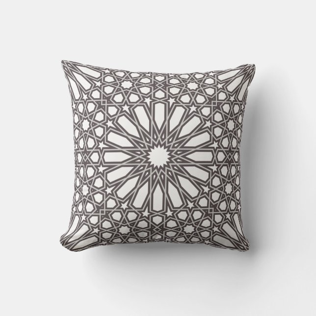 Grey and White Alhambra Geometric Pattern Cushion (Front)