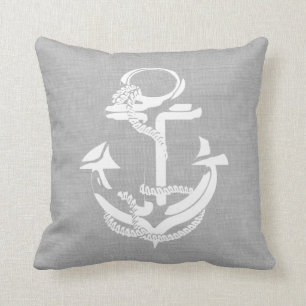 Grey and White Anchor and Stripes Cushion