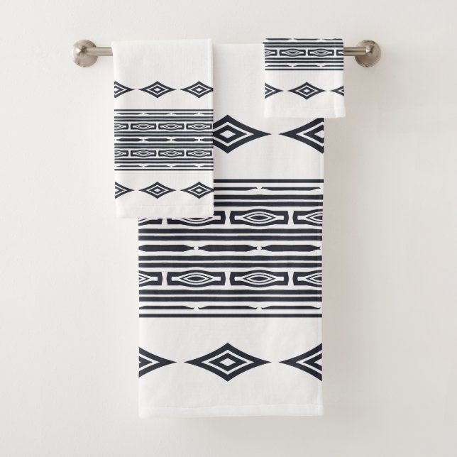 Grey and White Aztec Tribal Striped Pattern Bath Towel Set (Insitu)