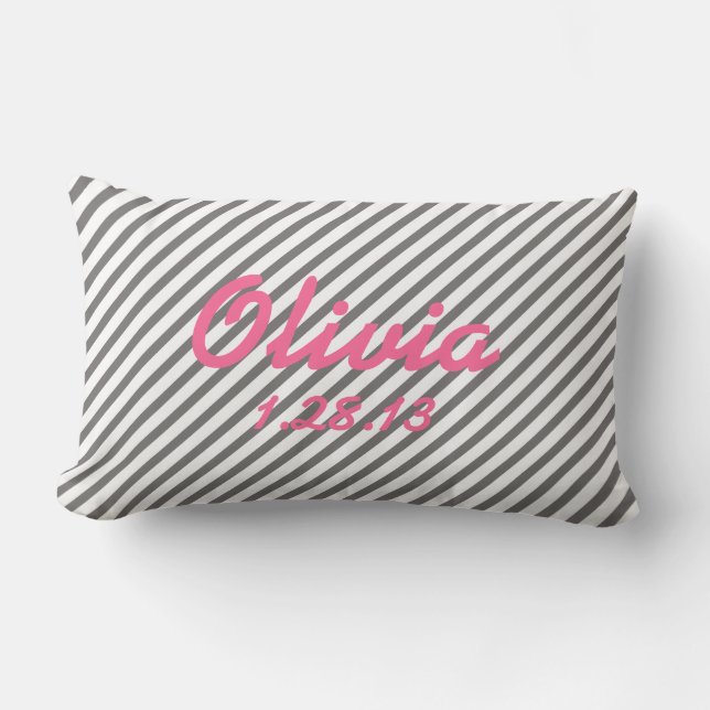 Grey and White Birth Date Nursery Pillow (Front)