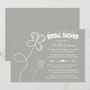Grey And White Bridal Shower Hearts & Butterfly Invitation
