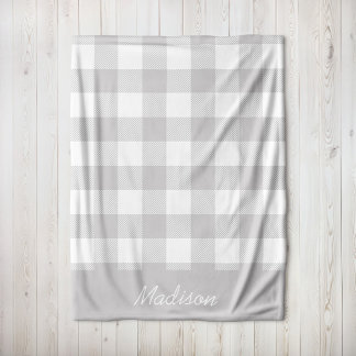 Grey and White Buffalo Check Monogram Fleece Blanket