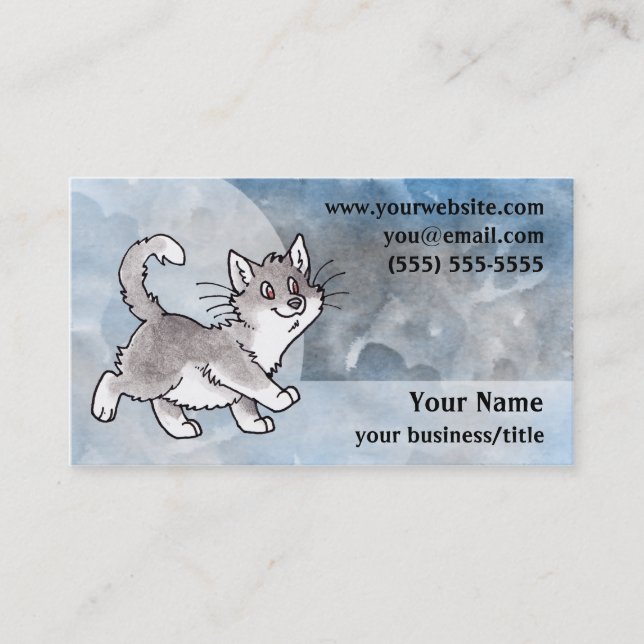 Grey and White Cat Business Card - Blue and Grey (Front)