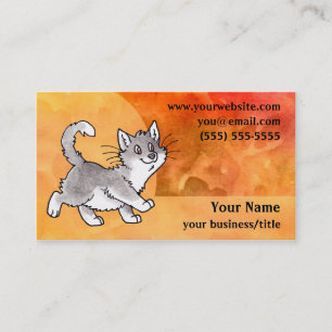 Grey and White Cat Business Card - Fiery Orange