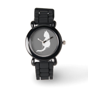 Grey and White Cat Silhouette Wristwatch