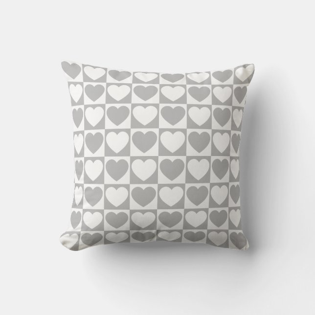 Grey and White Chequered Pattern With Hearts Cushion (Front)