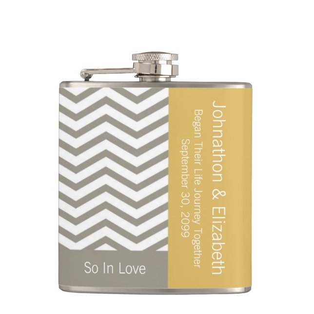 Grey and White Chevron Chic Commemorative Wedding Hip Flask (Front)