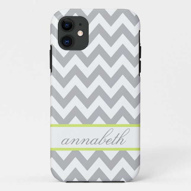 Grey and White Chevron Green Monogram Case-Mate iPhone Case (Back)