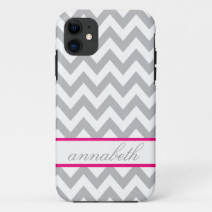 Grey and White Chevron Hot Pink Monogram iPhone 11 Case