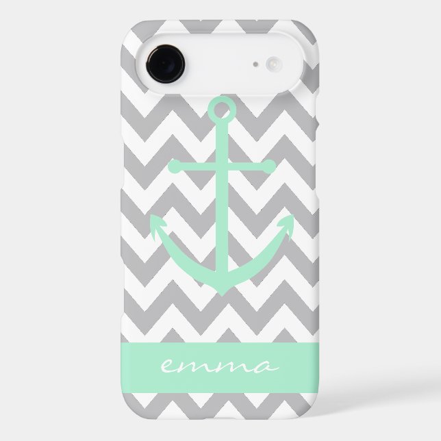 Grey and White Chevron Mint Anchor Monogram Case (Back)