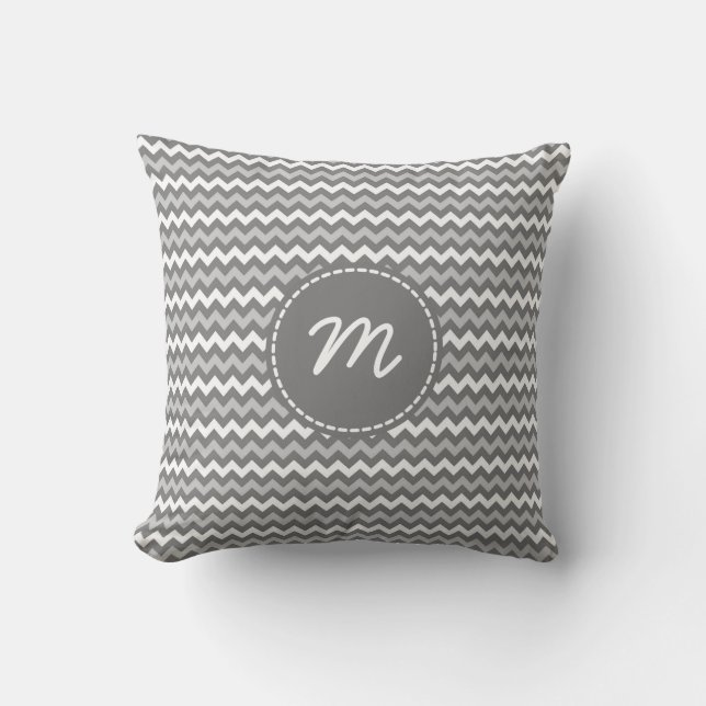 Grey and White Chevron Pattern Custom Monogram Cushion (Front)