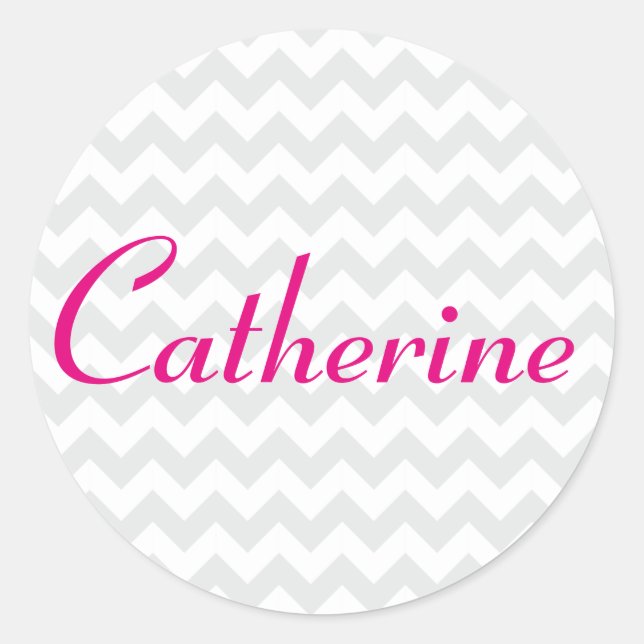 Grey and White Chevron with Bold Script Name Classic Round Sticker (Front)