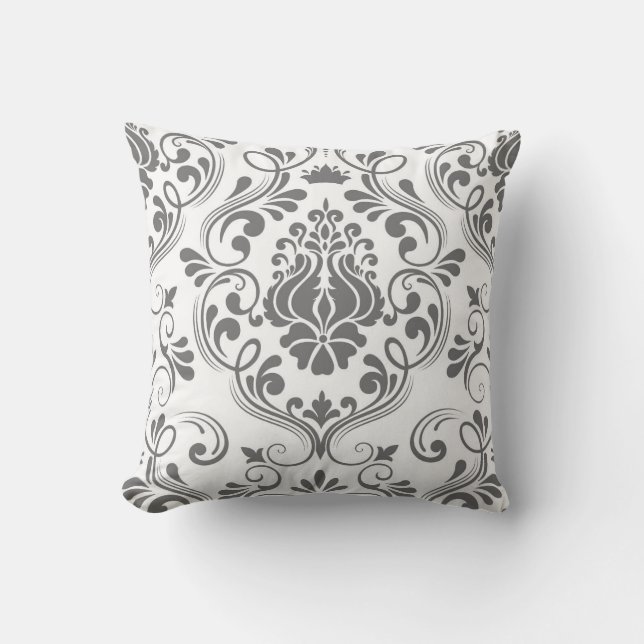 Grey and White Damask Floral Pattern Elegant  Cushion (Front)