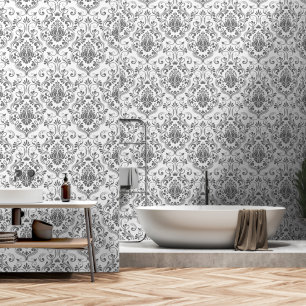 Grey and White Damask Floral peel and stick Wallpaper