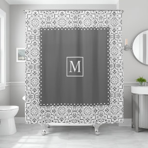 Grey and white damask pattern and monogram shower curtain
