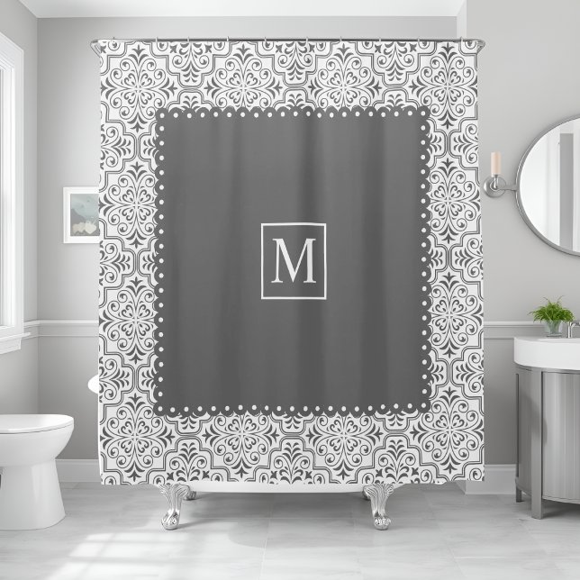 Grey and white damask pattern and monogram shower curtain (Creator Uploaded)