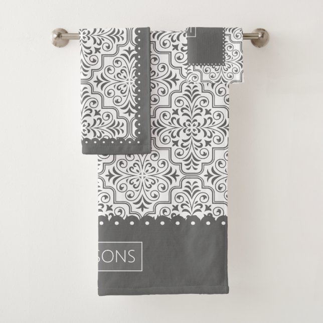 Grey and white damask pattern, scalloped borders bath towel set (Insitu)