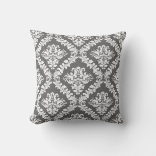 Grey and white damask pattern throw cushion