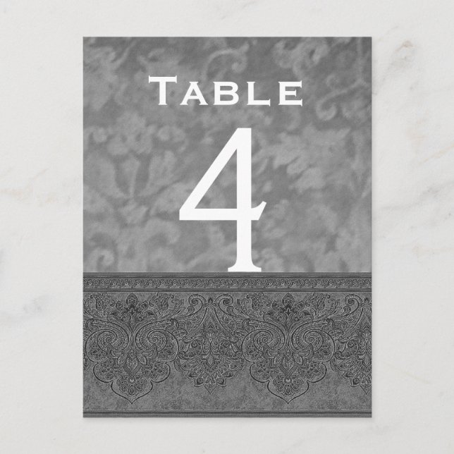Grey and White Damask Wedding Table Number Card (Front)