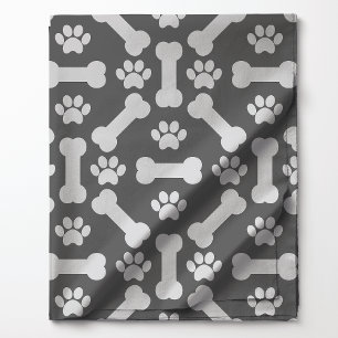 Grey and White Dog Bones and Paw Prints Pattern Fabric