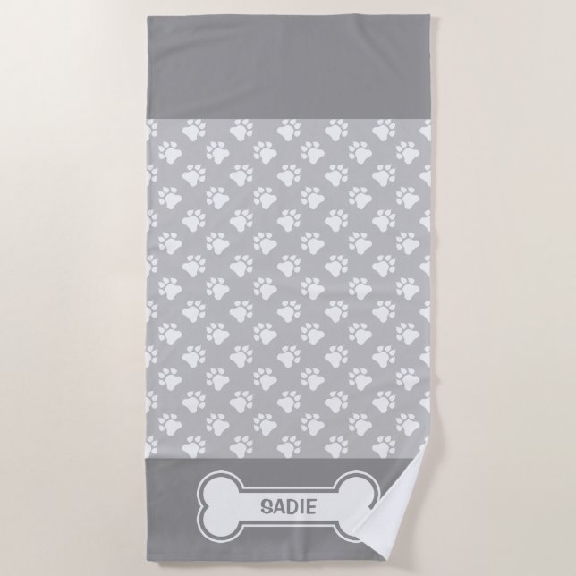Grey And White Dog Paws And Bone With Name Beach Towel (Front)