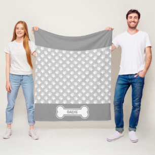 Grey And White Dog Paws And Bone With Name Fleece Blanket