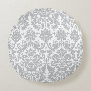 Grey and White Elegant Damask Pattern Round Cushion