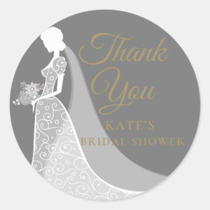 Grey and White Elegant Lace Gown Bridal Shower Classic Round Sticker