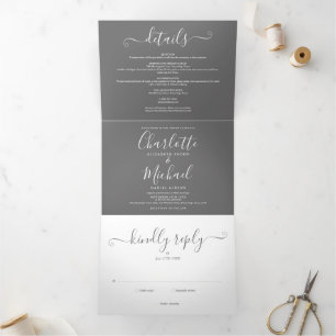 Grey And White Elegant Script Photo Wedding Tri-Fold Invitation