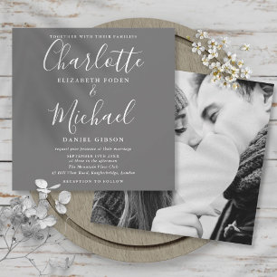 Grey And White Elegant Script Wedding Photo Invitation