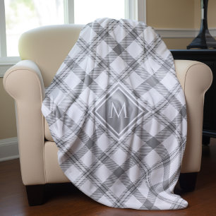 Grey and White Farmhouse Tartan Plaid and Monogram Sherpa Blanket