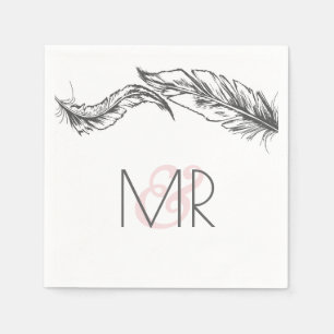 Grey and White Feathers Elegant Wedding Napkin