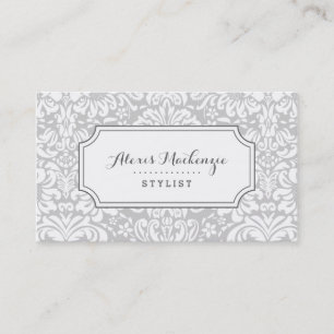 Grey and White Floral Damask Business Card