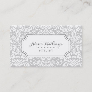Grey and White Floral Damask Business Card