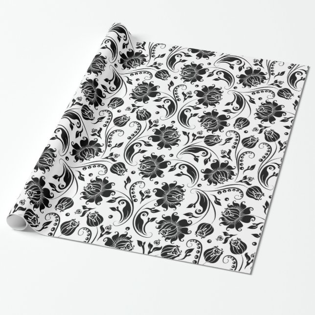 Grey And White Floral Damasks Wrapping Paper (Unrolled)