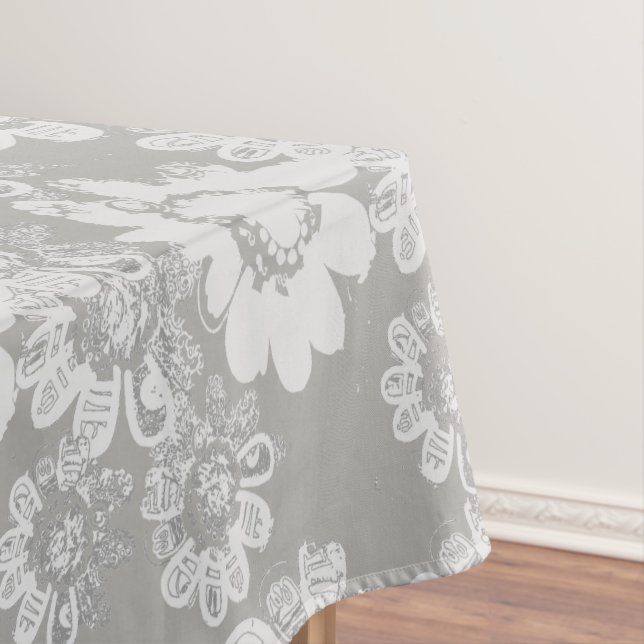 Grey and White Floral Fantasy Table Cloth (In Situ)