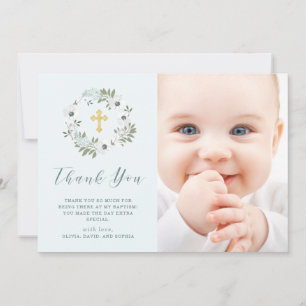 Grey and White Floral on Blue Photo Baptism Thank You Card
