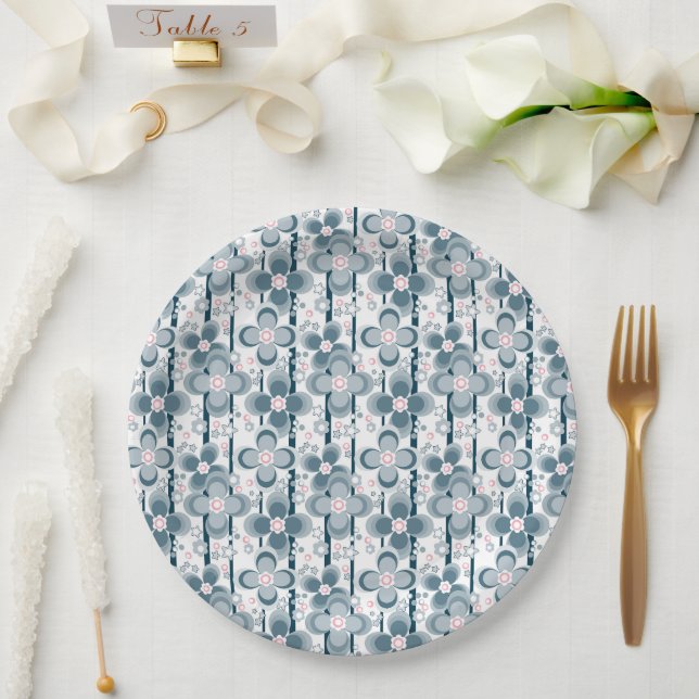 Grey and white floral pattern  grey paper plate (Wedding)