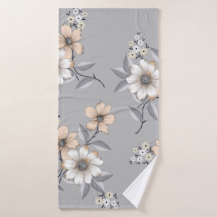 grey and white flower Pattern on grey backgroundde Bath Towel
