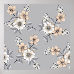 grey and white flower Pattern on grey backgroundde Poster