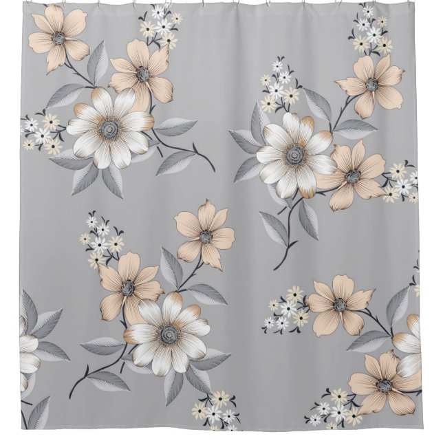 grey and white flower Pattern on grey backgroundde Shower Curtain (Front)