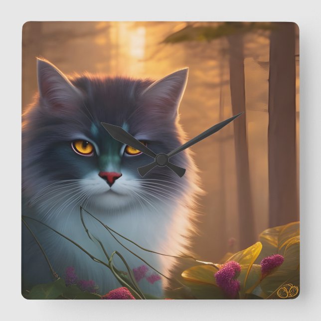 Grey and white fluffy forest cat, Fantasy  Square Wall Clock (Front)