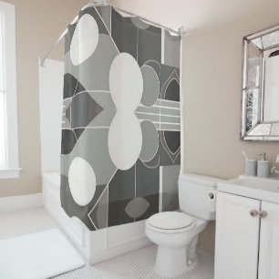 Grey and White Geometric Design with Circles Lines Shower Curtain