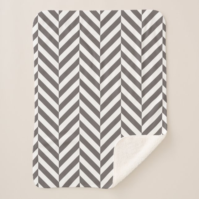 Grey and White Geometric Herringbone Pattern Sherpa Blanket (Front)