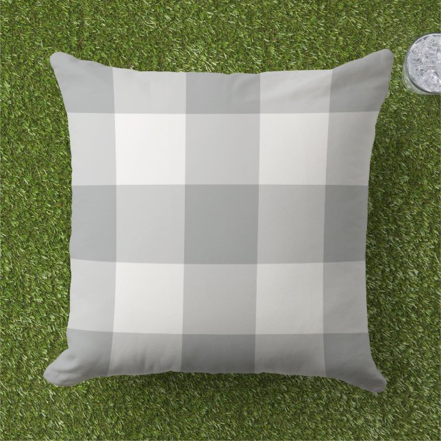 Grey and White Gingham Plaid Pattern Cushion (Grass)