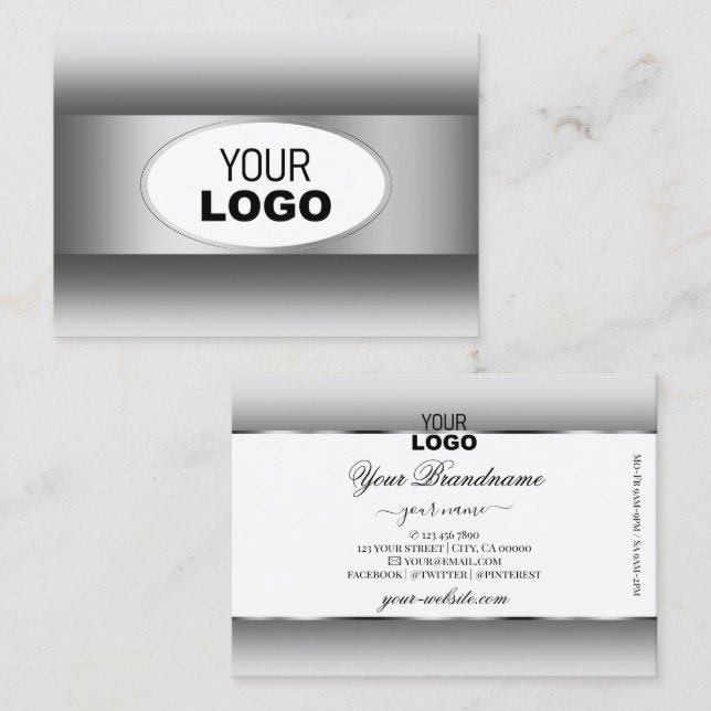 Grey and White Gradient Logo Silver Oval Frame Business Card (Front/Back)