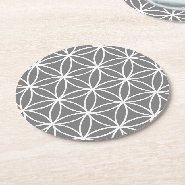 Grey and White Graphic Lotus Flower Design Round Paper Coaster (Angled)